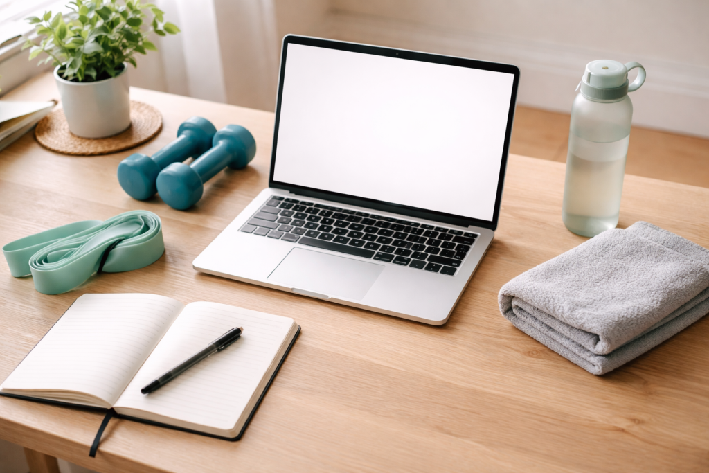Standard headerbillede til blogartikler: collage-agtig scene i hjemmet med laptop, notesbog og små træningsrekvisitter – kan passe til mange typer artikler.