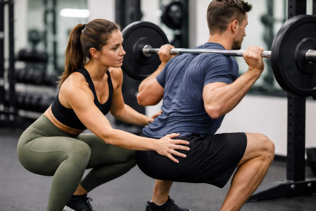 Illustration til sektion om træningsprogrammer og styrketræning: tæt på personlig træner, der viser korrekt teknik til en klient i fitnesscenter.